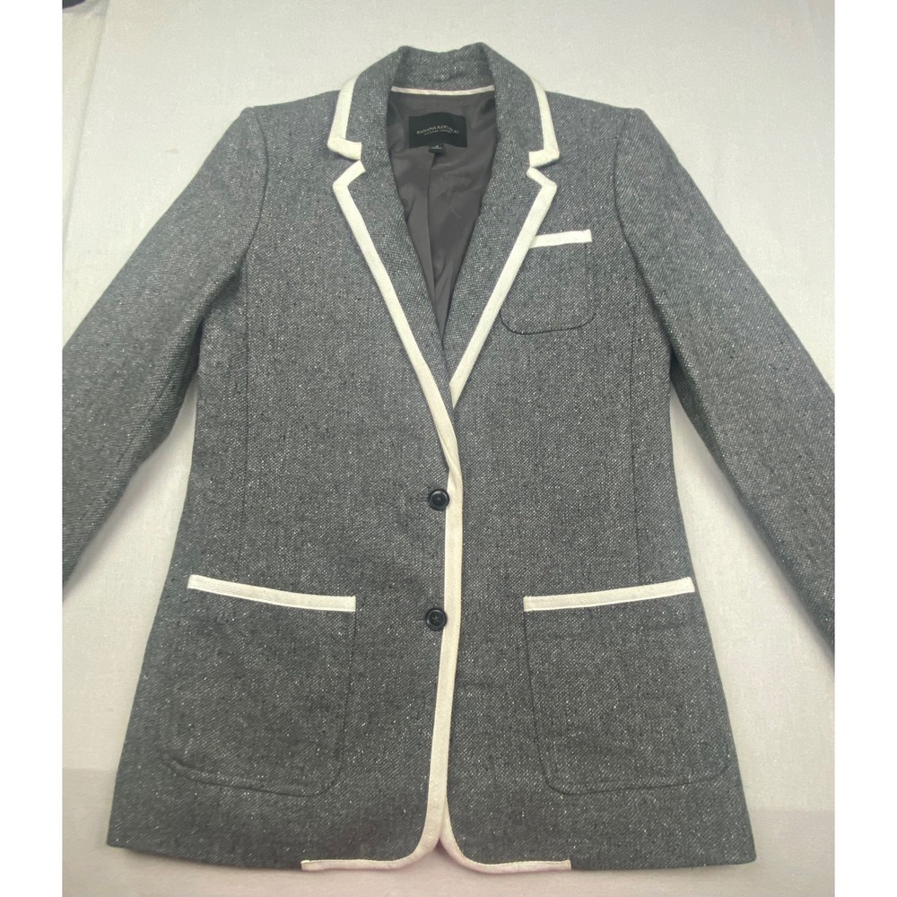Banana Republic Hacking Jacket Gray Wool Blend Tweed Blazer Cream Trim Womens 4